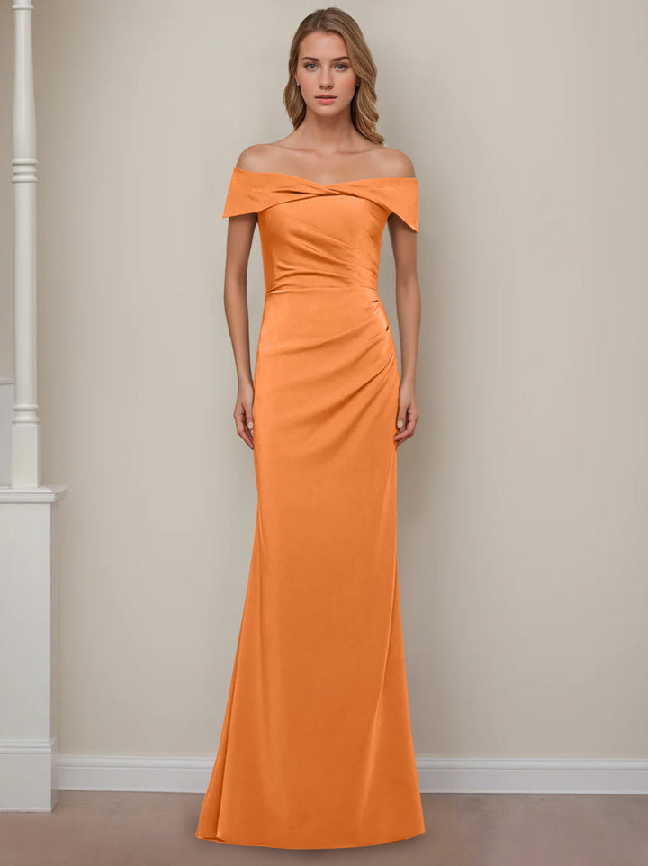 Sheath/Column Off-the-Shoulder Short Sleeves Floor-Length Mother of The Bride Dresses With Ruffles