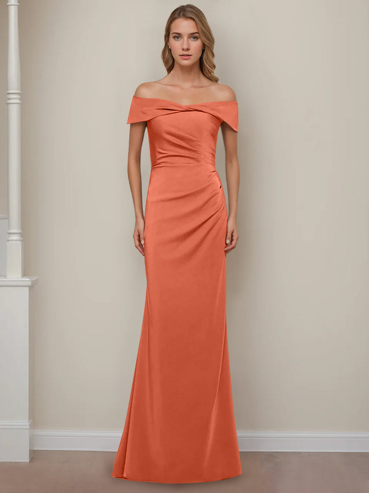 Sheath/Column Off-the-Shoulder Short Sleeves Floor-Length Mother of The Bride Dresses With Ruffles