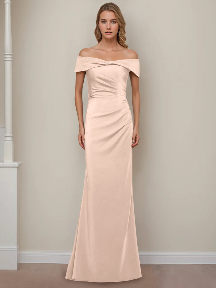 Sheath/Column Off-the-Shoulder Short Sleeves Floor-Length Mother of The Bride Dresses With Ruffles