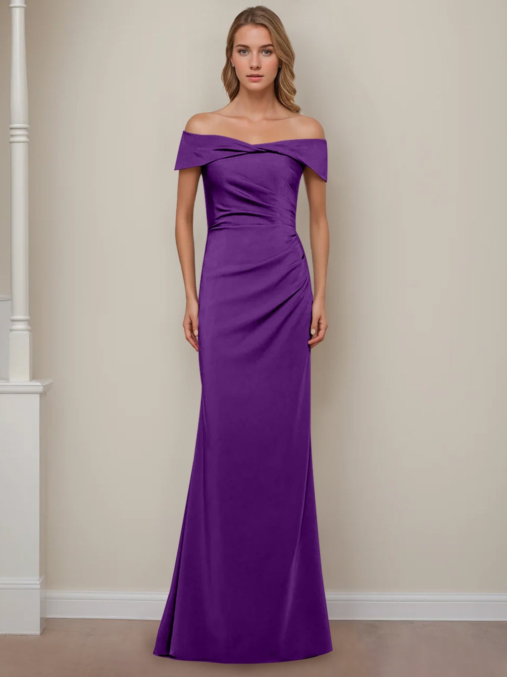 Sheath/Column Off-the-Shoulder Short Sleeves Floor-Length Mother of The Bride Dresses With Ruffles