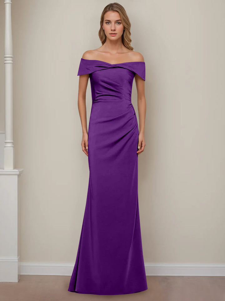 Sheath/Column Off-the-Shoulder Short Sleeves Floor-Length Mother of The Bride Dresses With Ruffles