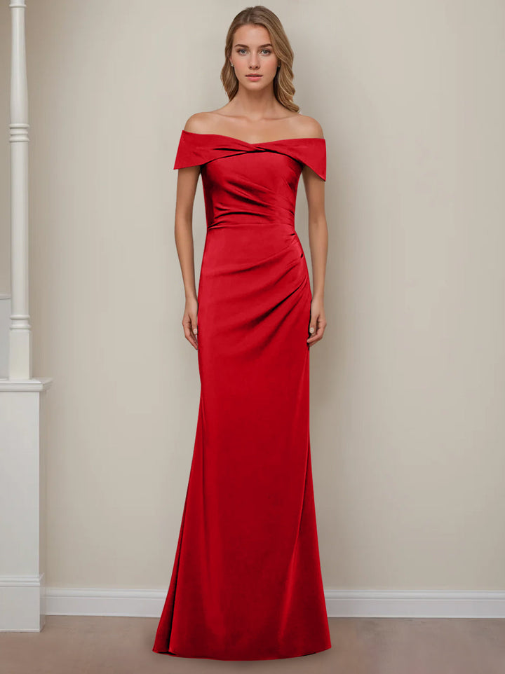 Sheath/Column Off-the-Shoulder Short Sleeves Floor-Length Mother of The Bride Dresses With Ruffles
