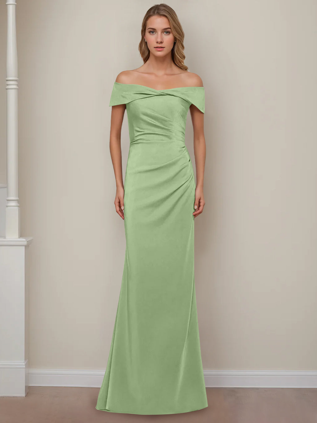 Sheath/Column Off-the-Shoulder Short Sleeves Floor-Length Mother of The Bride Dresses With Ruffles