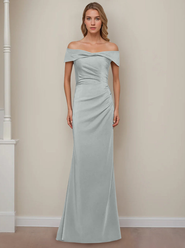 Sheath/Column Off-the-Shoulder Short Sleeves Floor-Length Mother of The Bride Dresses With Ruffles