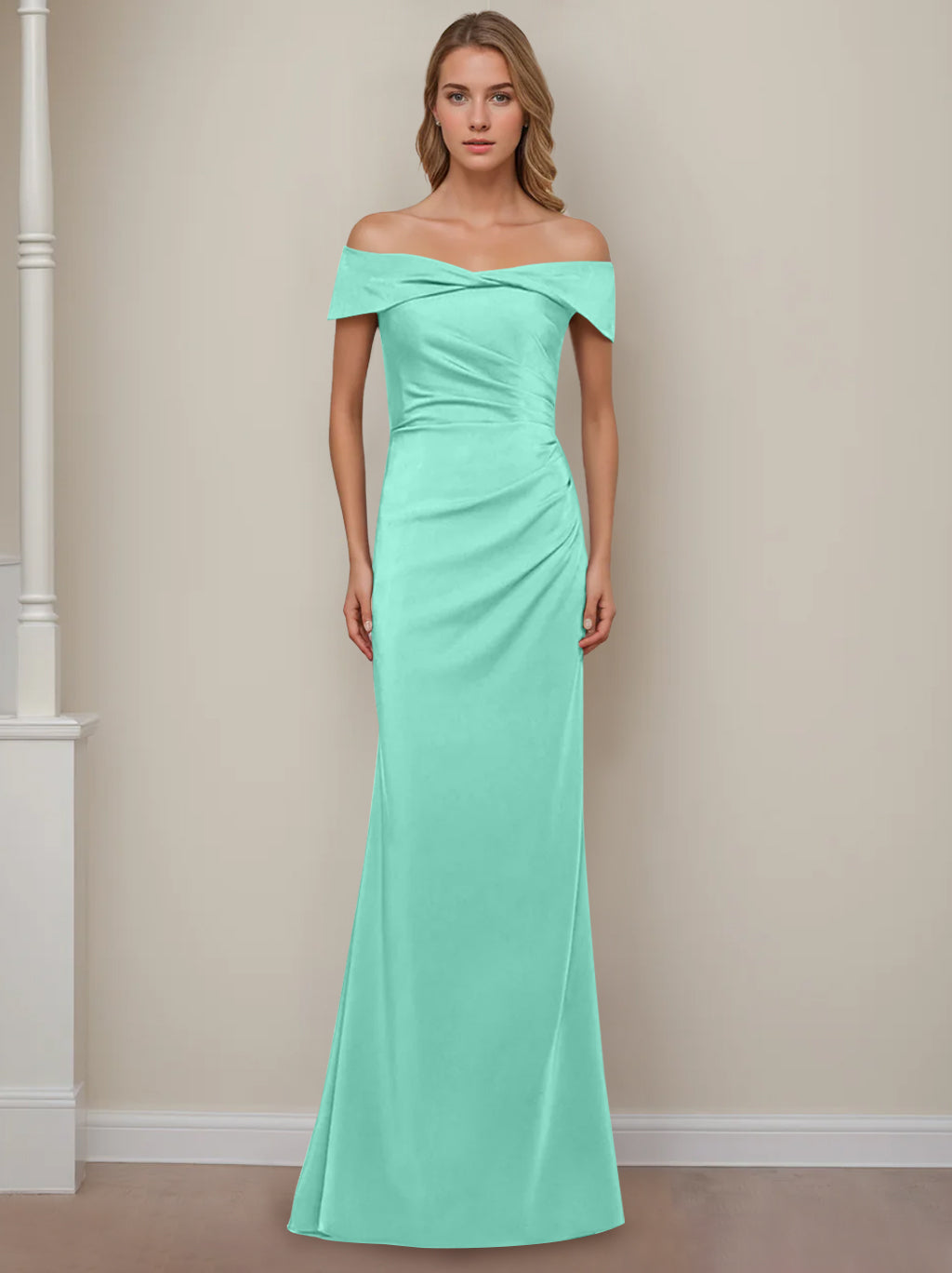 Sheath/Column Off-the-Shoulder Short Sleeves Floor-Length Mother of The Bride Dresses With Ruffles