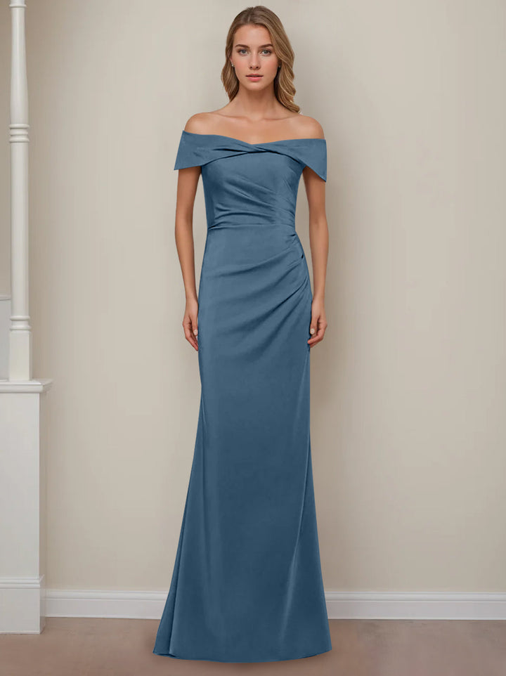 Sheath/Column Off-the-Shoulder Short Sleeves Floor-Length Mother of The Bride Dresses With Ruffles
