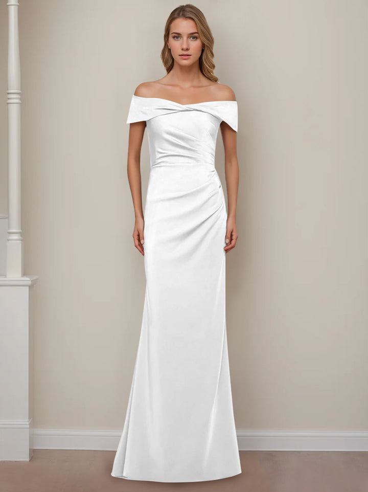 Sheath/Column Off-the-Shoulder Short Sleeves Floor-Length Mother of The Bride Dresses With Ruffles