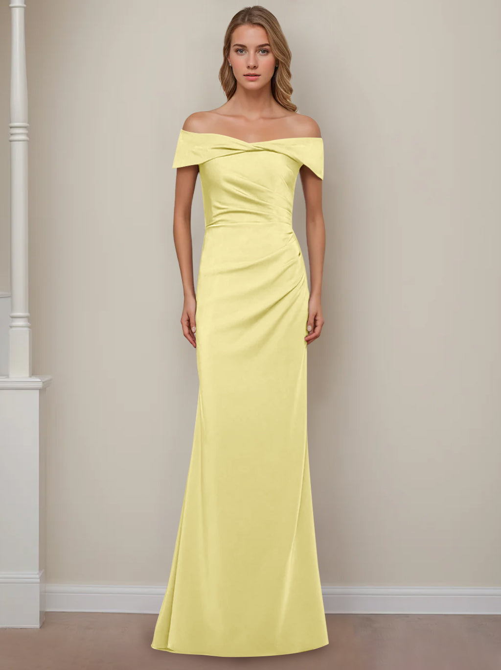 Sheath/Column Off-the-Shoulder Short Sleeves Floor-Length Mother of The Bride Dresses With Ruffles