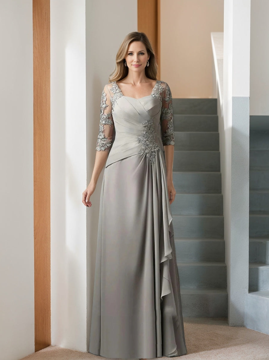 A-Line/Princess Square Neck Half Sleeves Floor-Length Mother of the Bride Dresses With Ruching