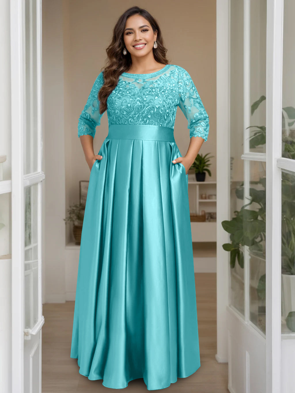 A-Line/Princess Scoop 3/4 Length Sleeves Floor-Length Plus Size Mother of the Bride Dresses with Bow & Sequins