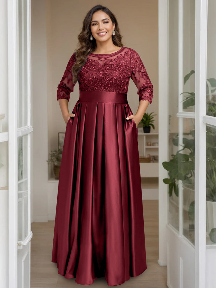 A-Line/Princess Scoop 3/4 Length Sleeves Floor-Length Plus Size Mother of the Bride Dresses with Bow & Sequins