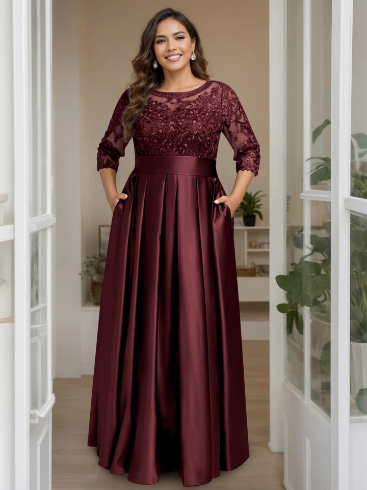 A-Line/Princess Scoop 3/4 Length Sleeves Floor-Length Plus Size Mother of the Bride Dresses with Bow & Sequins