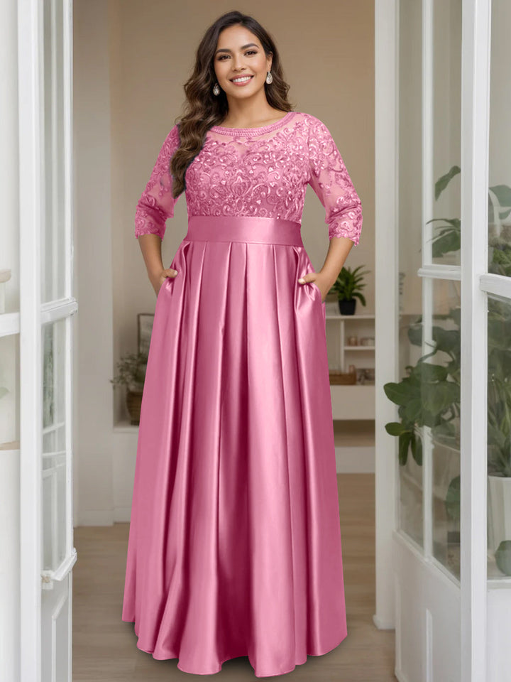 A-Line/Princess Scoop 3/4 Length Sleeves Floor-Length Plus Size Mother of the Bride Dresses with Bow & Sequins