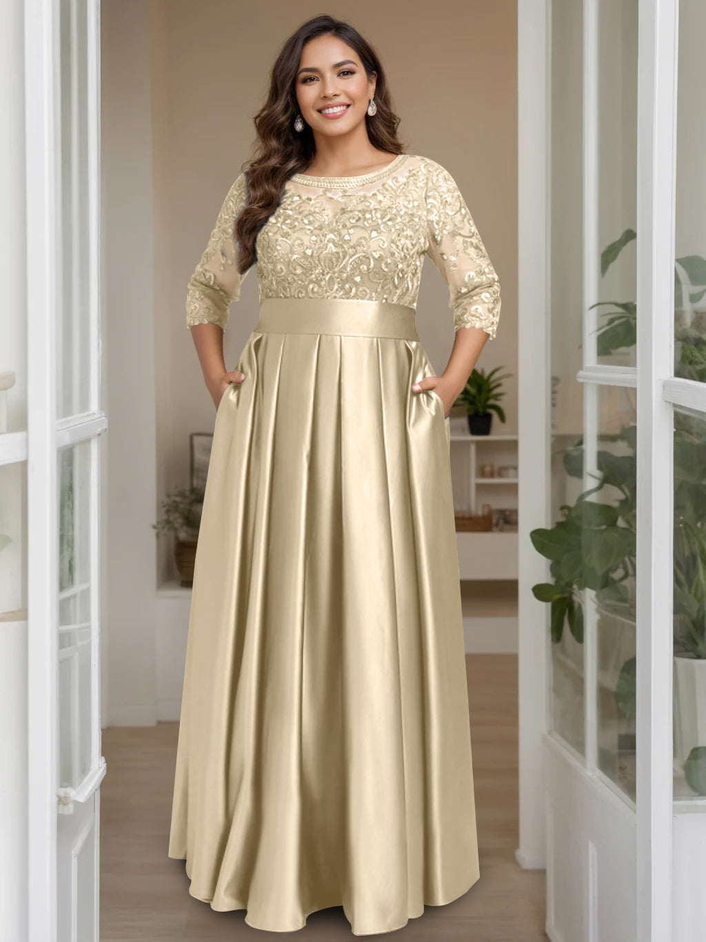 A-Line/Princess Scoop 3/4 Length Sleeves Floor-Length Plus Size Mother of the Bride Dresses with Bow & Sequins