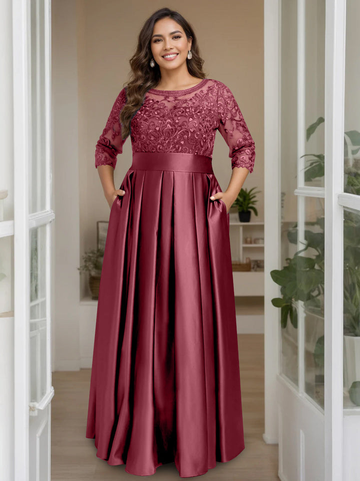 A-Line/Princess Scoop 3/4 Length Sleeves Floor-Length Plus Size Mother of the Bride Dresses with Bow & Sequins