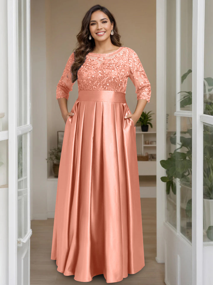 A-Line/Princess Scoop 3/4 Length Sleeves Floor-Length Plus Size Mother of the Bride Dresses with Bow & Sequins