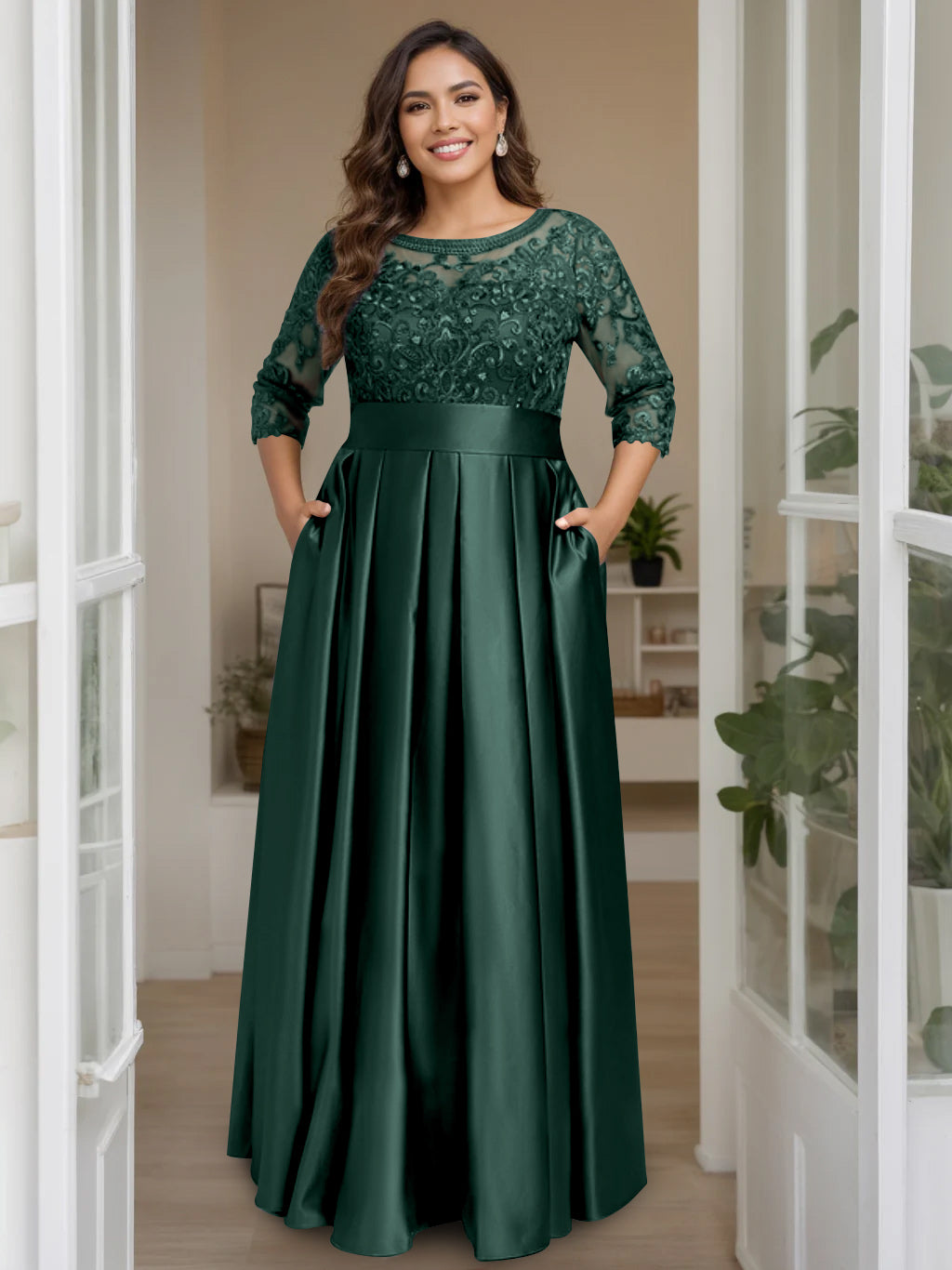 A-Line/Princess Scoop 3/4 Length Sleeves Floor-Length Plus Size Mother of the Bride Dresses with Bow & Sequins