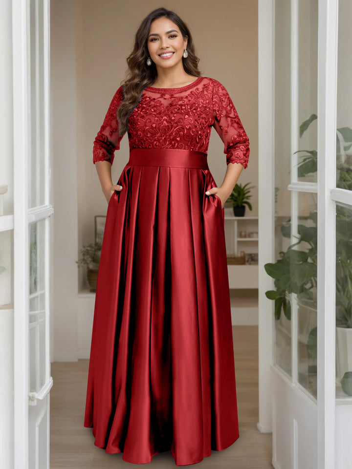 A-Line/Princess Scoop 3/4 Length Sleeves Floor-Length Plus Size Mother of the Bride Dresses with Bow & Sequins