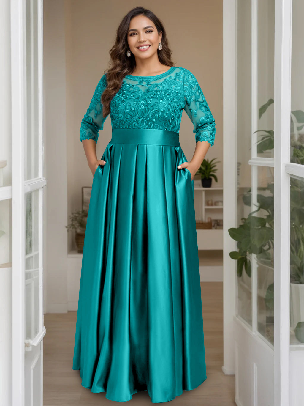A-Line/Princess Scoop 3/4 Length Sleeves Floor-Length Plus Size Mother of the Bride Dresses with Bow & Sequins