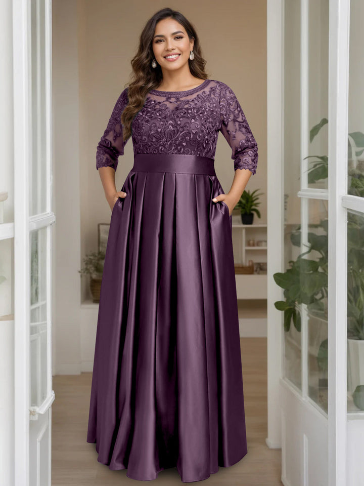 A-Line/Princess Scoop 3/4 Length Sleeves Floor-Length Plus Size Mother of the Bride Dresses with Bow & Sequins