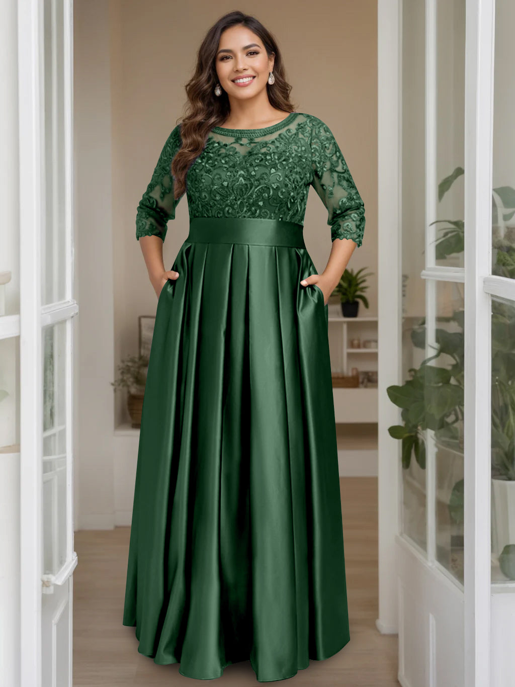 A-Line/Princess Scoop 3/4 Length Sleeves Floor-Length Plus Size Mother of the Bride Dresses with Bow & Sequins