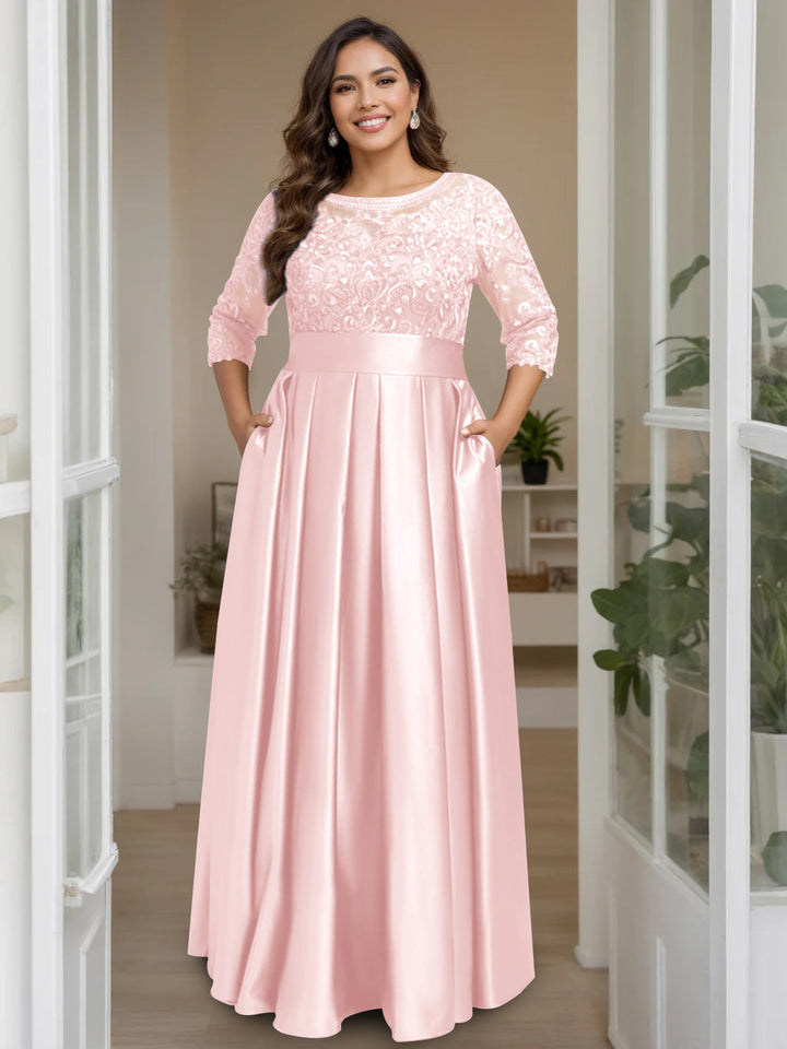 A-Line/Princess Scoop 3/4 Length Sleeves Floor-Length Plus Size Mother of the Bride Dresses with Bow & Sequins