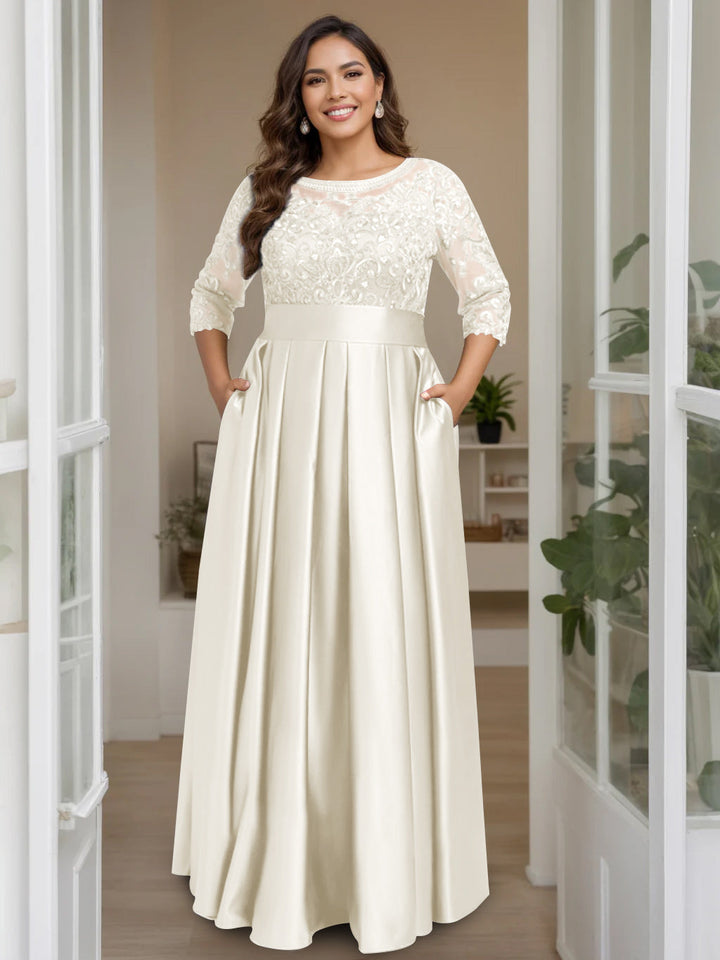 A-Line/Princess Scoop 3/4 Length Sleeves Floor-Length Plus Size Mother of the Bride Dresses with Bow & Sequins