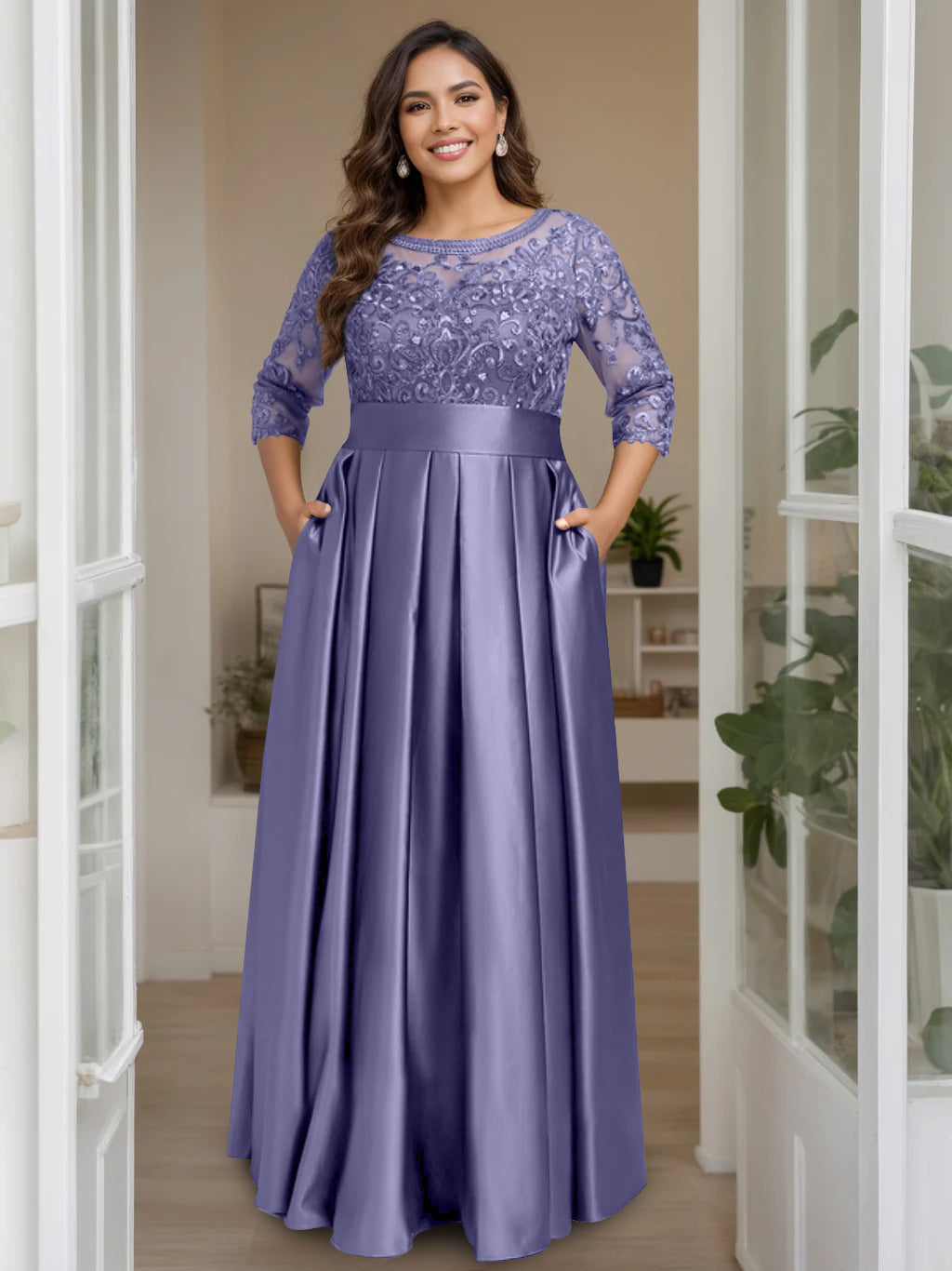 A-Line/Princess Scoop 3/4 Length Sleeves Floor-Length Plus Size Mother of the Bride Dresses with Bow & Sequins