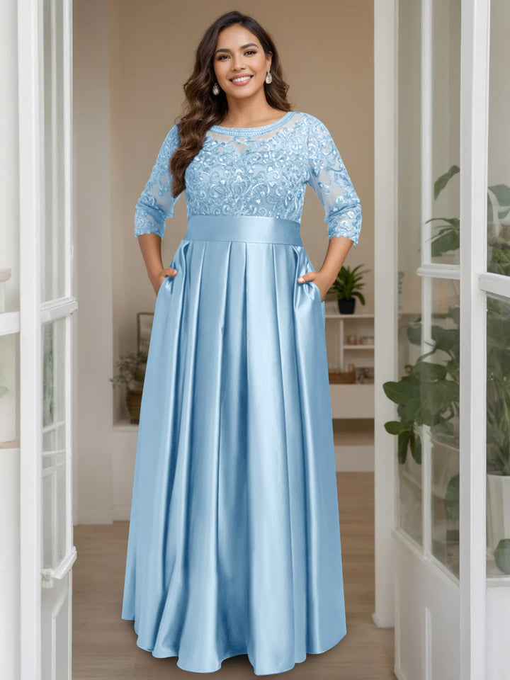 A-Line/Princess Scoop 3/4 Length Sleeves Floor-Length Plus Size Mother of the Bride Dresses with Bow & Sequins