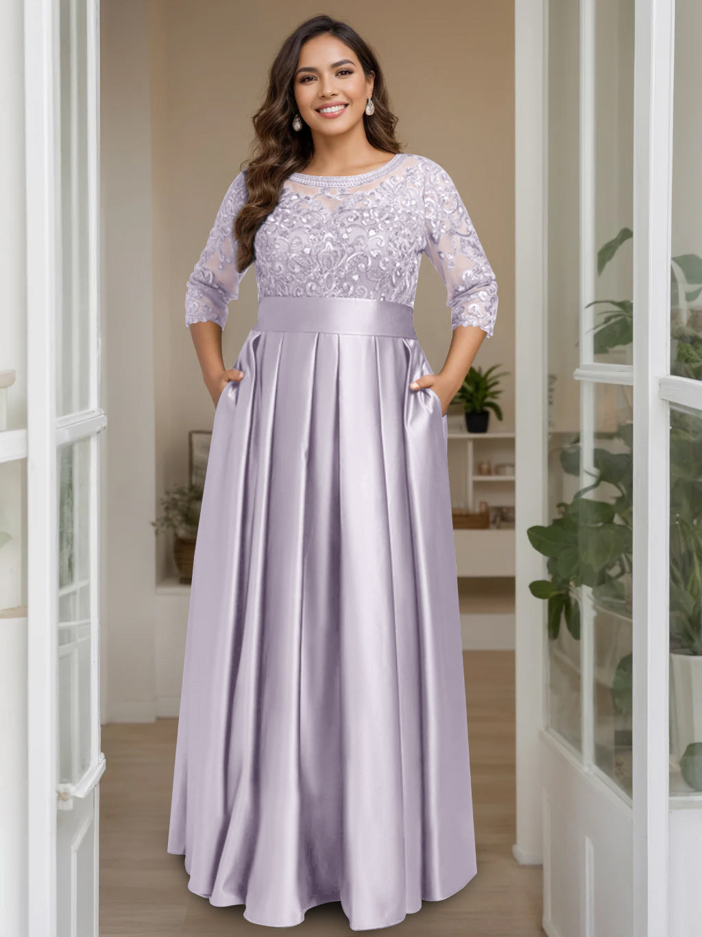 A-Line/Princess Scoop 3/4 Length Sleeves Floor-Length Plus Size Mother of the Bride Dresses with Bow & Sequins