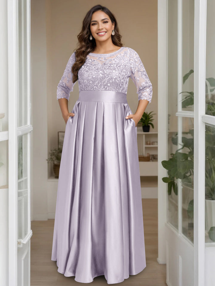 A-Line/Princess Scoop 3/4 Length Sleeves Floor-Length Plus Size Mother of the Bride Dresses with Bow & Sequins