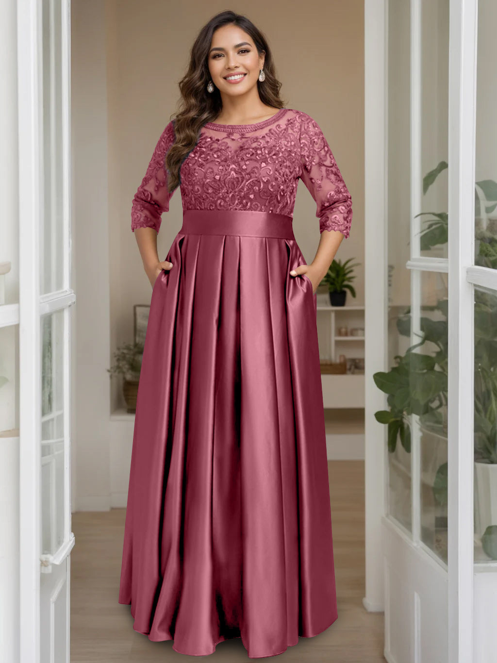 A-Line/Princess Scoop 3/4 Length Sleeves Floor-Length Plus Size Mother of the Bride Dresses with Bow & Sequins