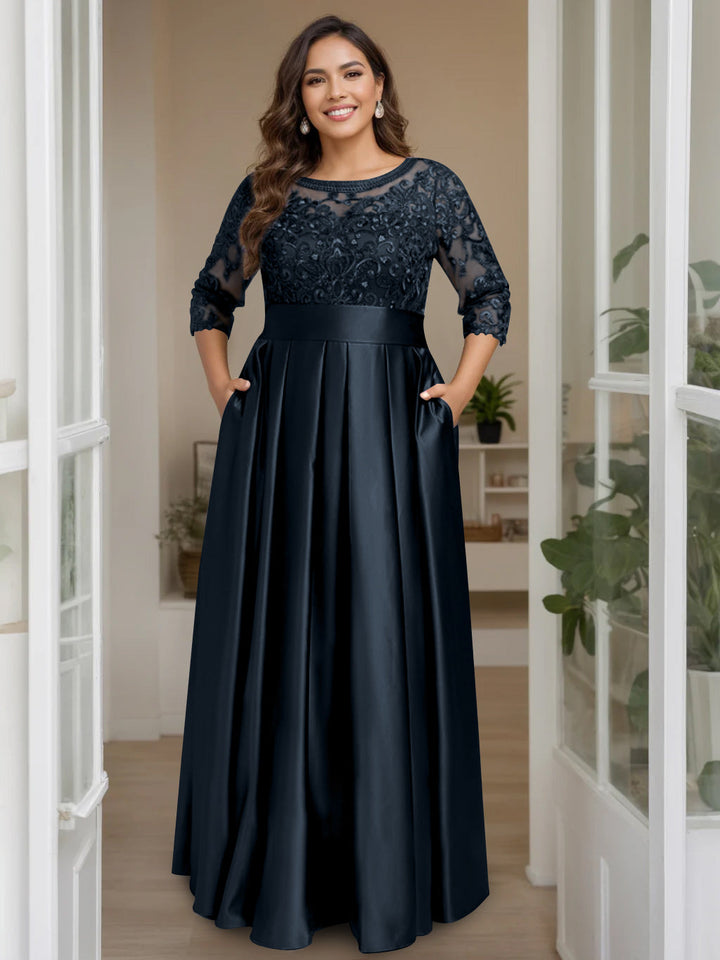 A-Line/Princess Scoop 3/4 Length Sleeves Floor-Length Plus Size Mother of the Bride Dresses with Bow & Sequins