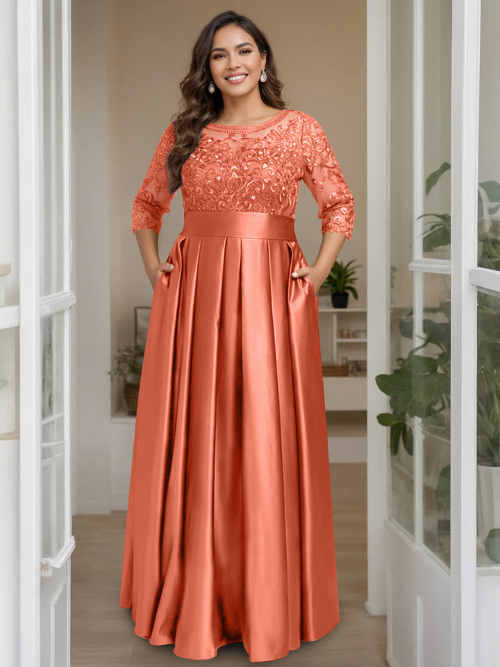A-Line/Princess Scoop 3/4 Length Sleeves Floor-Length Plus Size Mother of the Bride Dresses with Bow & Sequins