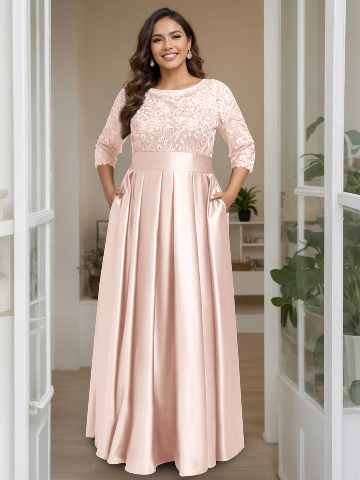 A-Line/Princess Scoop 3/4 Length Sleeves Floor-Length Plus Size Mother of the Bride Dresses with Bow & Sequins