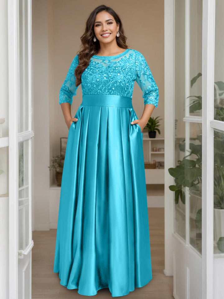 A-Line/Princess Scoop 3/4 Length Sleeves Floor-Length Plus Size Mother of the Bride Dresses with Bow & Sequins