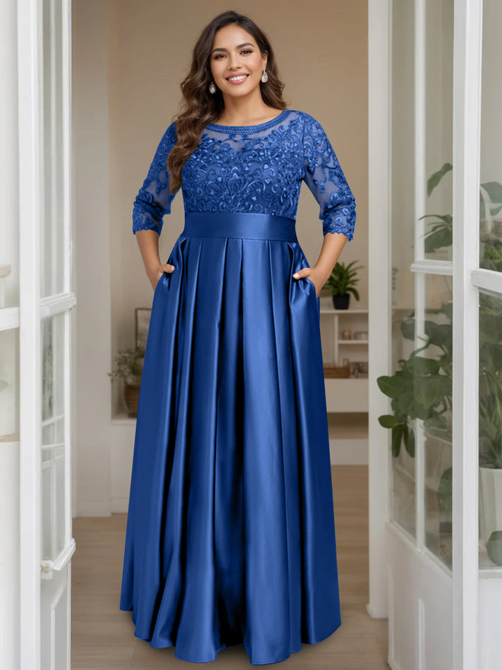 A-Line/Princess Scoop 3/4 Length Sleeves Floor-Length Plus Size Mother of the Bride Dresses with Bow & Sequins