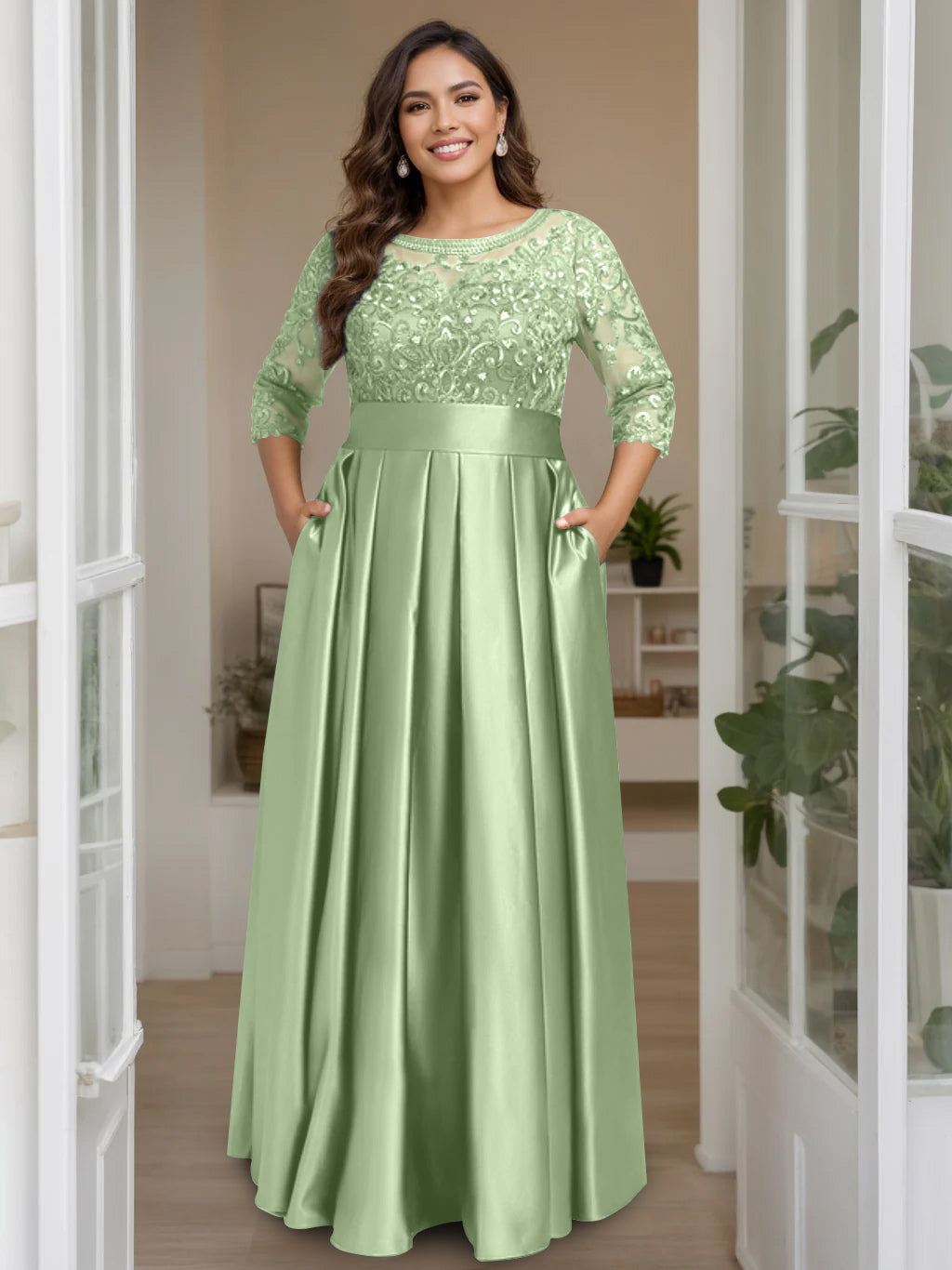 A-Line/Princess Scoop 3/4 Length Sleeves Floor-Length Plus Size Mother of the Bride Dresses with Bow & Sequins