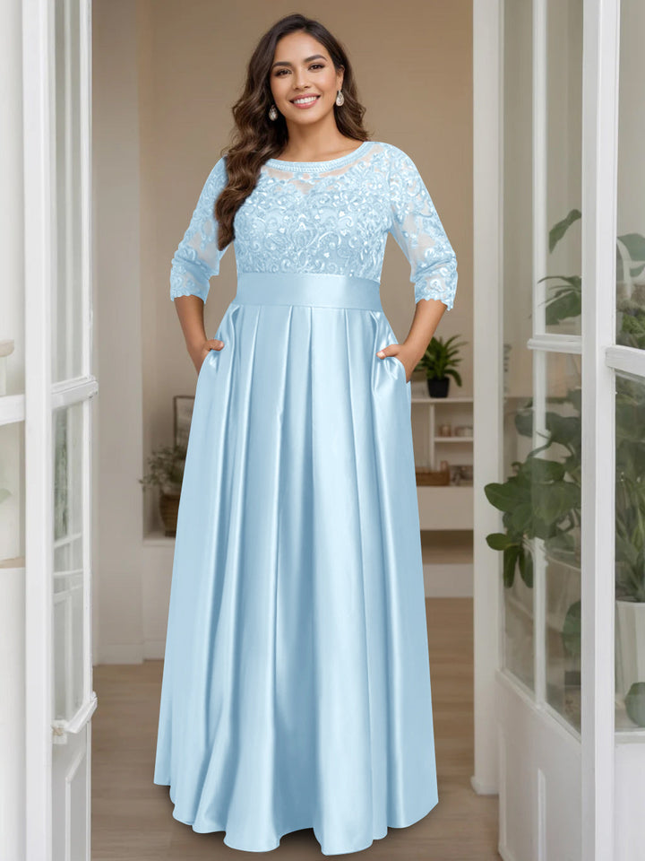 A-Line/Princess Scoop 3/4 Length Sleeves Floor-Length Plus Size Mother of the Bride Dresses with Bow & Sequins