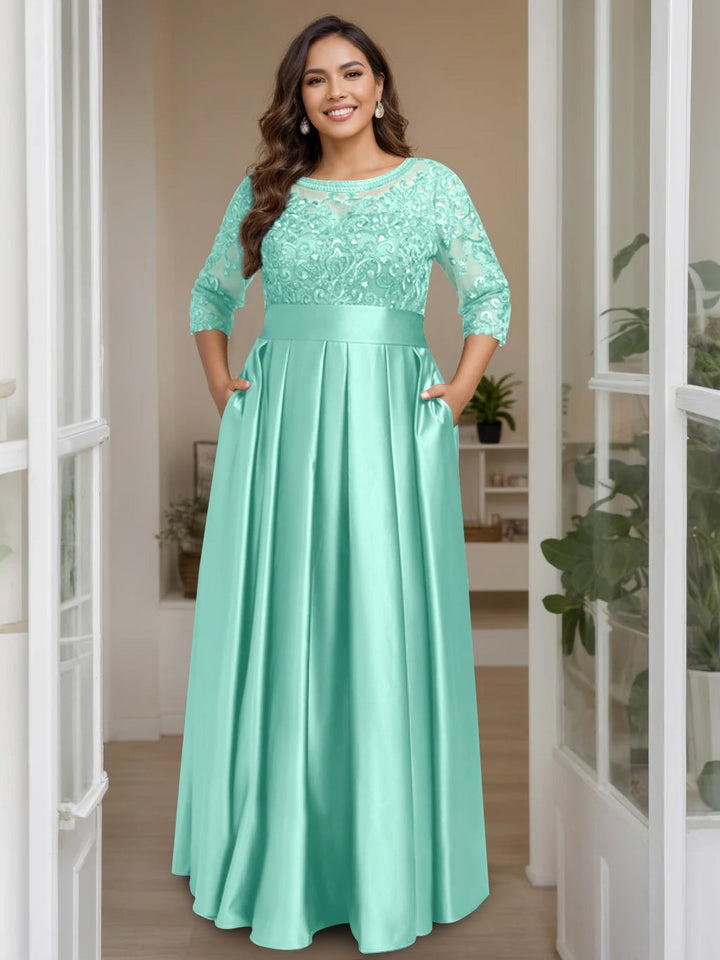 A-Line/Princess Scoop 3/4 Length Sleeves Floor-Length Plus Size Mother of the Bride Dresses with Bow & Sequins