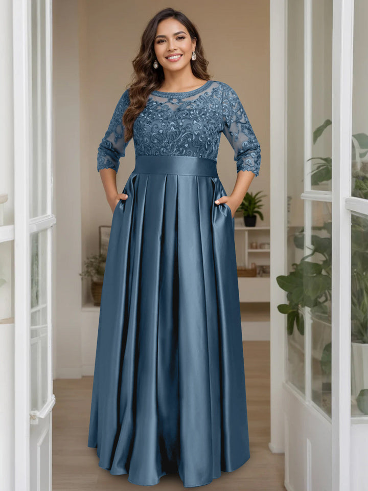 A-Line/Princess Scoop 3/4 Length Sleeves Floor-Length Plus Size Mother of the Bride Dresses with Bow & Sequins
