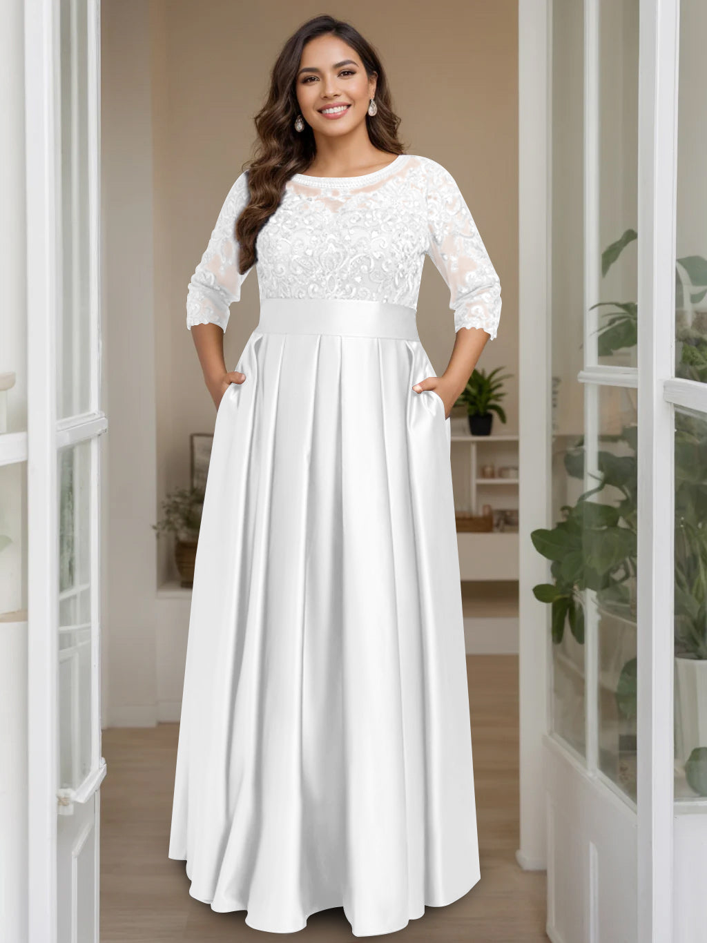 A-Line/Princess Scoop 3/4 Length Sleeves Floor-Length Plus Size Mother of the Bride Dresses with Bow & Sequins