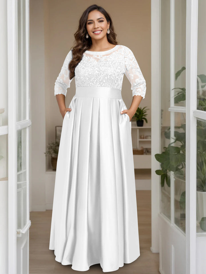 A-Line/Princess Scoop 3/4 Length Sleeves Floor-Length Plus Size Mother of the Bride Dresses with Bow & Sequins