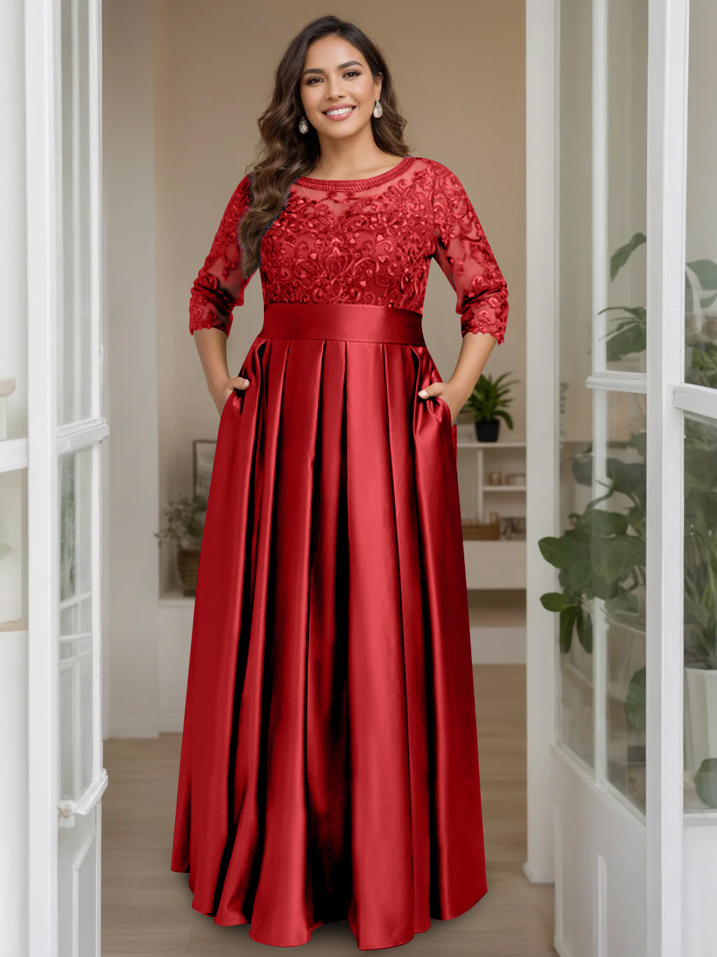 A-Line/Princess Scoop 3/4 Length Sleeves Floor-Length Plus Size Mother of the Bride Dresses with Bow & Sequins