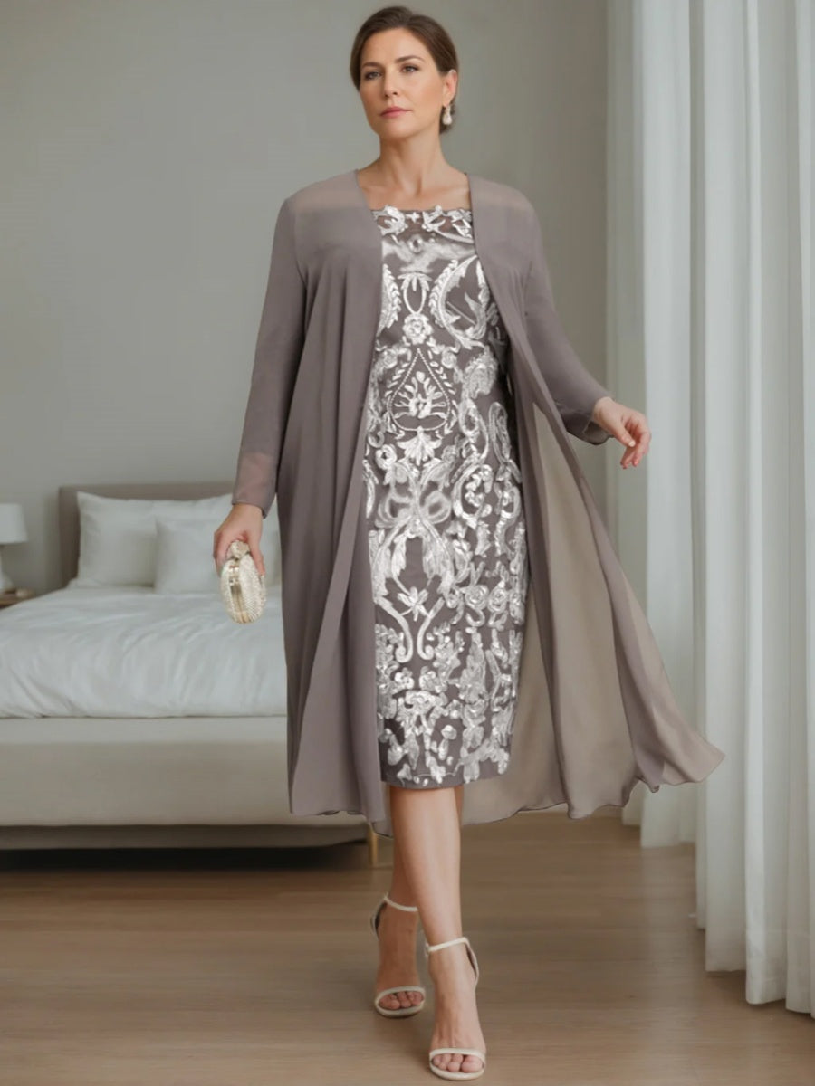 Sheath/Column Off-the-Shoulder 3/4 Length Sleeves Knee-Length Plus Size Mother of the Bride Dresses with Jacket