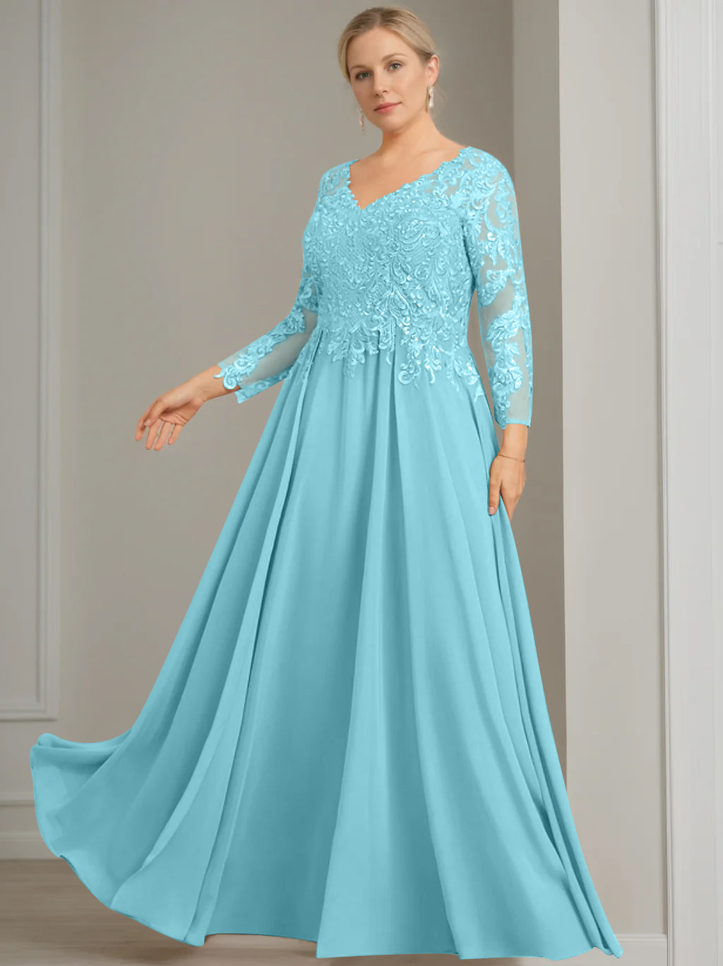 A-Line/Princess V-Neck 3/4 Length Sleeves Floor-Length Plus Size Mother of the Bride Dresses with Sequins