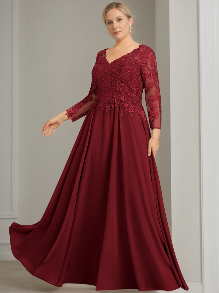 A-Line/Princess V-Neck 3/4 Length Sleeves Floor-Length Plus Size Mother of the Bride Dresses with Sequins