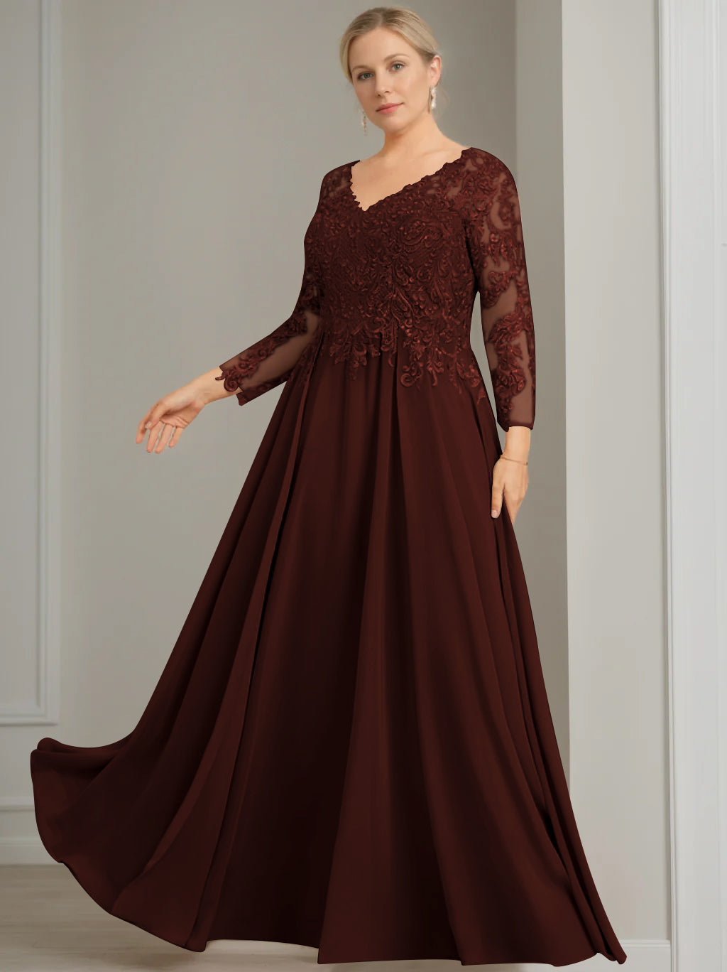A-Line/Princess V-Neck 3/4 Length Sleeves Floor-Length Plus Size Mother of the Bride Dresses with Sequins
