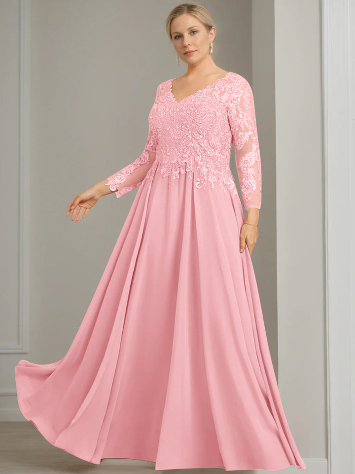 A-Line/Princess V-Neck 3/4 Length Sleeves Floor-Length Plus Size Mother of the Bride Dresses with Sequins