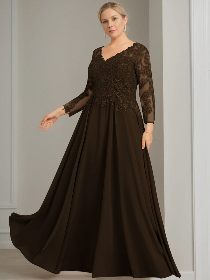 A-Line/Princess V-Neck 3/4 Length Sleeves Floor-Length Plus Size Mother of the Bride Dresses with Sequins